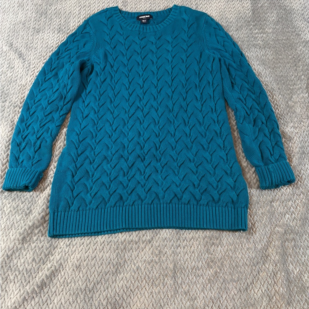 Men’s Lands’ End Heavy Fisherman Cable Knit Teal Sweater Size Medium Tall